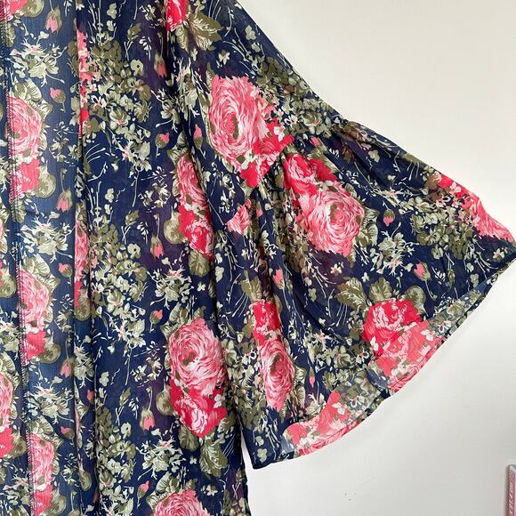 Umgee Floral Print Kimono Bathing Suit Coverup Boho Bell Sleeve Open Front M/L - Picture 2 of 11